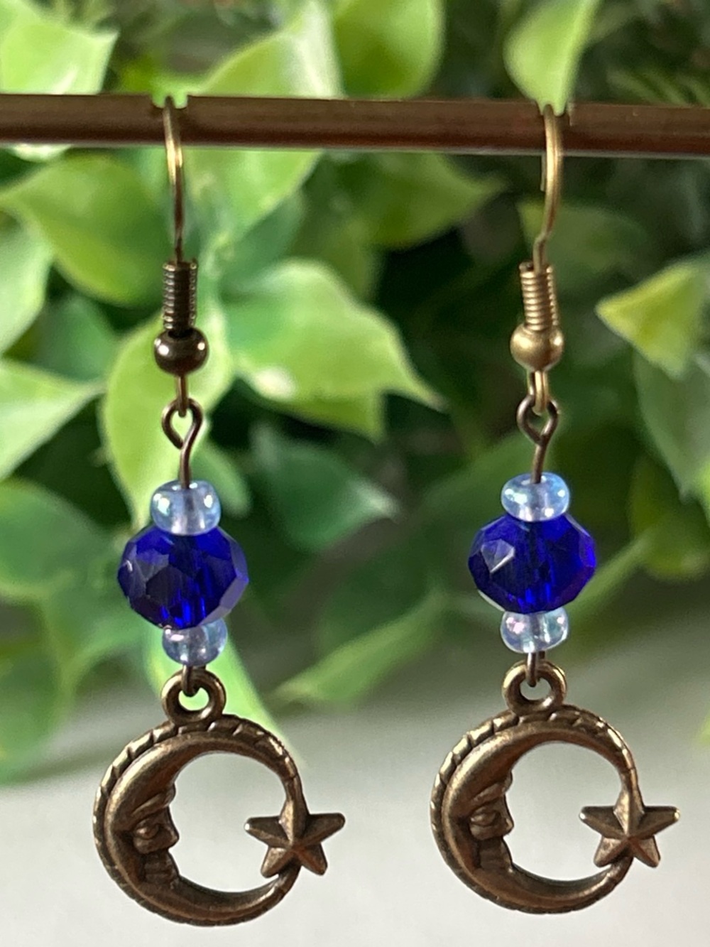 Handmade brass moon & star earrings with blue beads